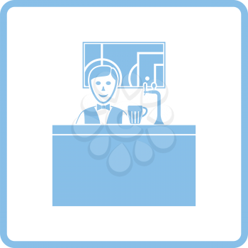 Sport bar stand with barman behind it and football translation on tv icon. Blue frame design. Vector illustration.