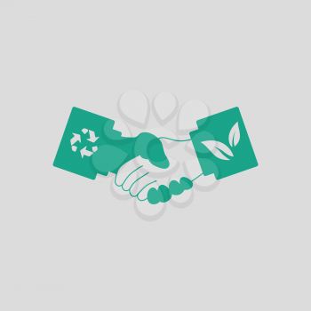 Ecological handshakes icon. Gray background with green. Vector illustration.