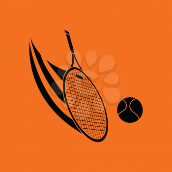 Tennis racket hitting a ball icon. Orange background with black. Vector illustration.