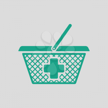 Pharmacy shopping cart icon. Gray background with green. Vector illustration.