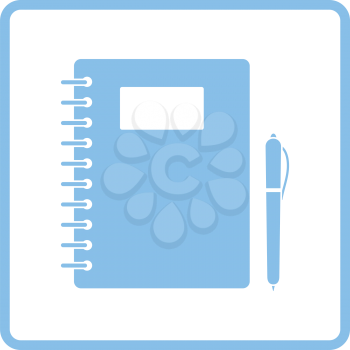 Exercise book with pen icon. Blue frame design. Vector illustration.