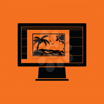 Icon of photo editor on monitor screen. Orange background with black. Vector illustration.