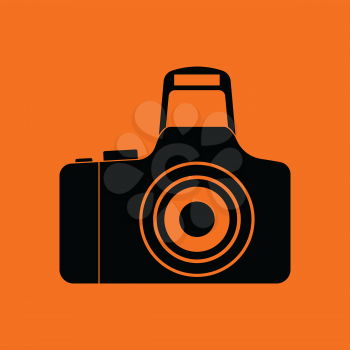 Icon of photo camera. Orange background with black. Vector illustration.
