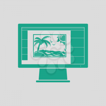 Icon of photo editor on monitor screen. Gray background with green. Vector illustration.