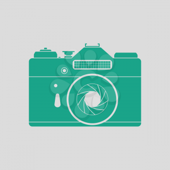 Icon of retro film photo camera. Gray background with green. Vector illustration.