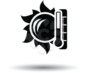 Sun and thermometer with high temperature icon. White background with shadow design. Vector illustration.