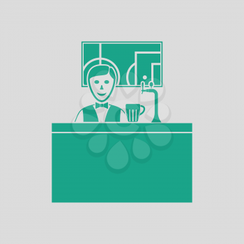 Sport bar stand with barman behind it and football translation on tv icon. Gray background with green. Vector illustration.