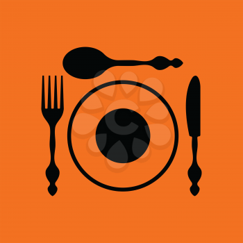 Silverware and plate icon . Orange background with black. Vector illustration.