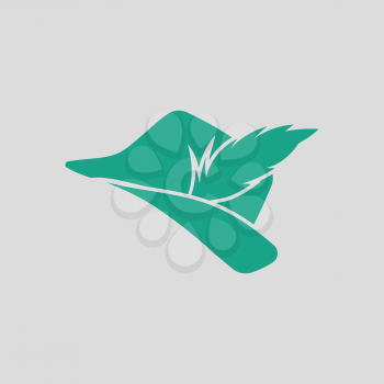 Hunter hat with feather  icon. Gray background with green. Vector illustration.