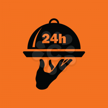 24 hour room service icon. Orange background with black. Vector illustration.