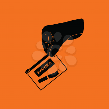 Hand holding evidence pocket icon. Orange background with black. Vector illustration.