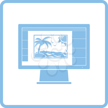 Icon of photo editor on monitor screen. Blue frame design. Vector illustration.