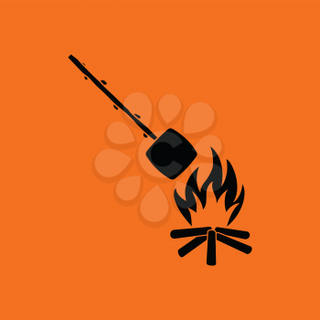 Camping fire with roasting marshmallow icon. Orange background with black. Vector illustration.