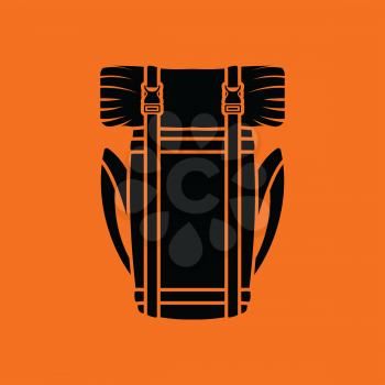 Camping backpack icon. Orange background with black. Vector illustration.