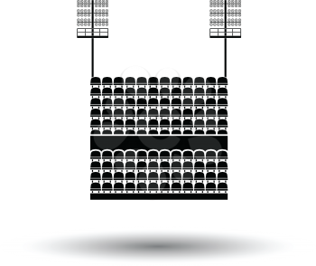 Stadium tribune with seats and light mast icon. White background with shadow design. Vector illustration.