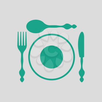 Silverware and plate icon . Gray background with green. Vector illustration.