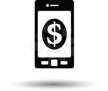 Smartphone with dollar sign icon. White background with shadow design. Vector illustration.