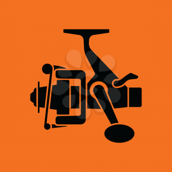 Icon of Fishing reel . Orange background with black. Vector illustration.