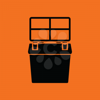 Icon of Fishing opened box. Orange background with black. Vector illustration.