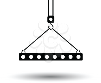 Icon of slab hanged on crane hook by rope slings . White background with shadow design. Vector illustration.