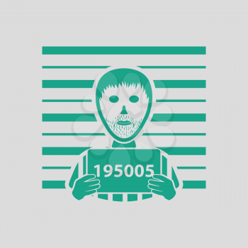 Prisoner in front of wall with scale icon. Gray background with green. Vector illustration.