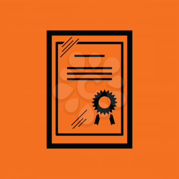 Certificate under glass icon. Orange background with black. Vector illustration.