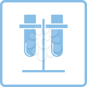 Lab flasks attached to stand icon. Blue frame design. Vector illustration.