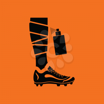 Soccer bandaged leg with aerosol anesthetic icon. Orange background with black. Vector illustration.