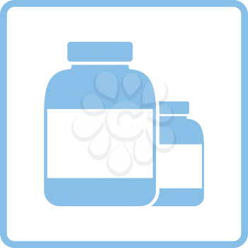 Pills container icon. Blue frame design. Vector illustration.