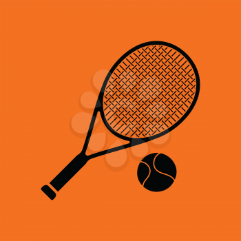 Tennis rocket and ball icon. Orange background with black. Vector illustration.