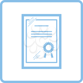 Certificate under glass icon. Blue frame design. Vector illustration.