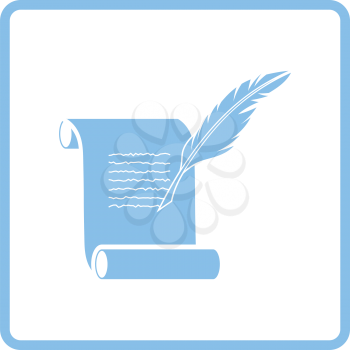 Feather and scroll icon. Blue frame design. Vector illustration.