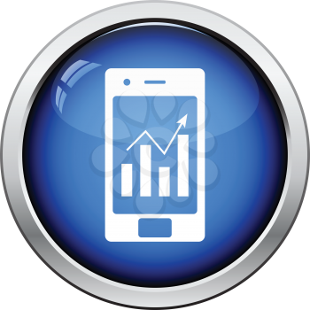 Smartphone with analytics diagram icon. Glossy button design. Vector illustration.
