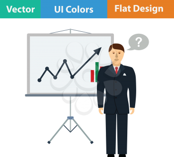 Clerk near analytics stand icon. Flat design. Vector illustration.
