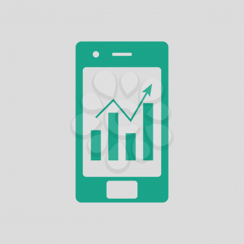 Smartphone with analytics diagram icon. Gray background with green. Vector illustration.