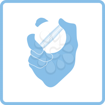 Hand holding cricket ball icon. Blue frame design. Vector illustration.