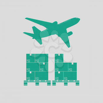 Boxes on pallet under airplane. Gray background with green. Vector illustration.