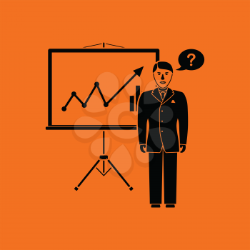Clerk near analytics stand icon. Orange background with black. Vector illustration.