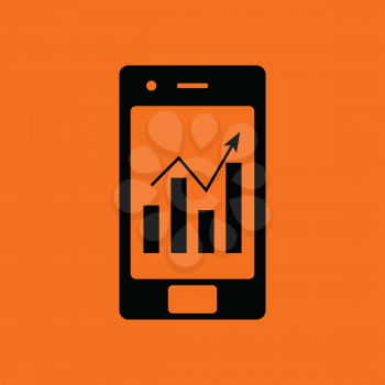 Smartphone with analytics diagram icon. Orange background with black. Vector illustration.
