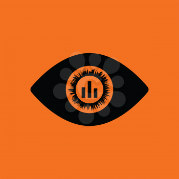Eye with market chart inside pupil icon. Orange background with black. Vector illustration.