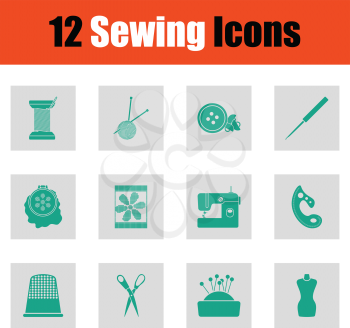 Set of twelve sewing icons. Green on gray design. Vector illustration.