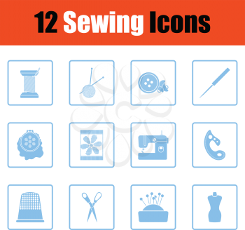 Set of twelve sewing icons. Blue frame design. Vector illustration.