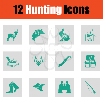 Set of hunting icons. Green on gray design. Vector illustration.