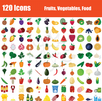 Set of 120 Icons. Fruit, Vegetables, Food  themes. Color Flat Design. Vector Illustration.