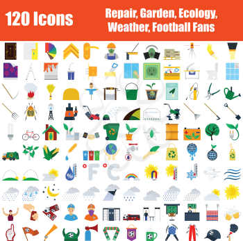 Set of 120 Icons. Repair, Garden, Ecology, Weather, Football Fans Themes. Color Flat Design. Vector Illustration.