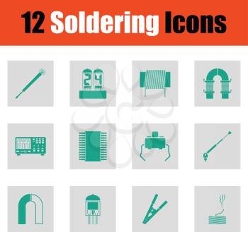 Set of twelve soldering  icons. Green on gray design. Vector illustration.