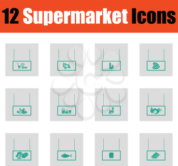 Supermarket icon set. Green on gray design. Vector illustration.
