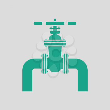 Icon of Pipe with valve. Gray background with green. Vector illustration.