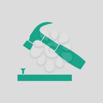 Icon of hammer beat to nail. Gray background with green. Vector illustration.