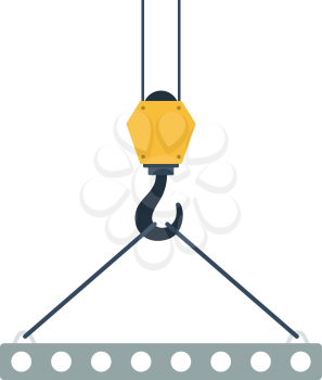 Icon of slab hanged on crane hook by rope slings . Flat color design. Vector illustration.